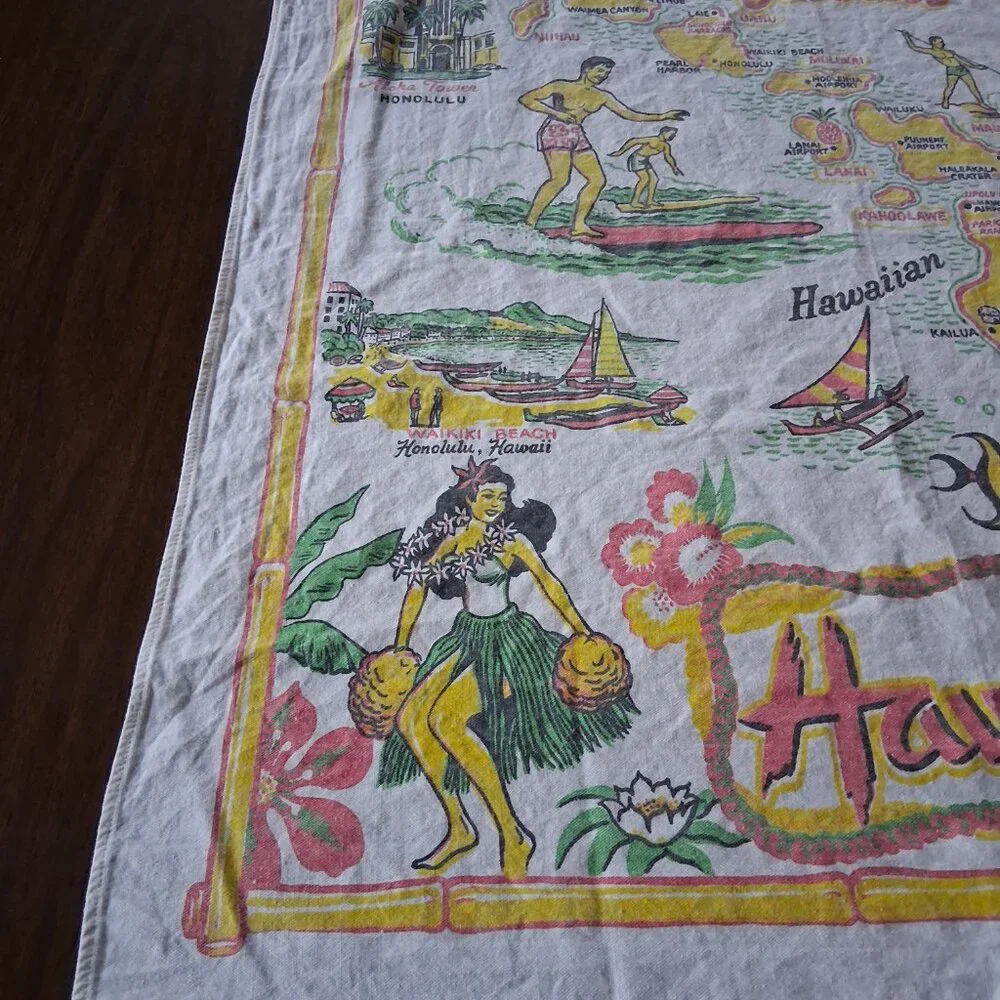 🌴Vintage Hawaiian Map Souvenir Cloth 🌺 32x36 Retro Island Print